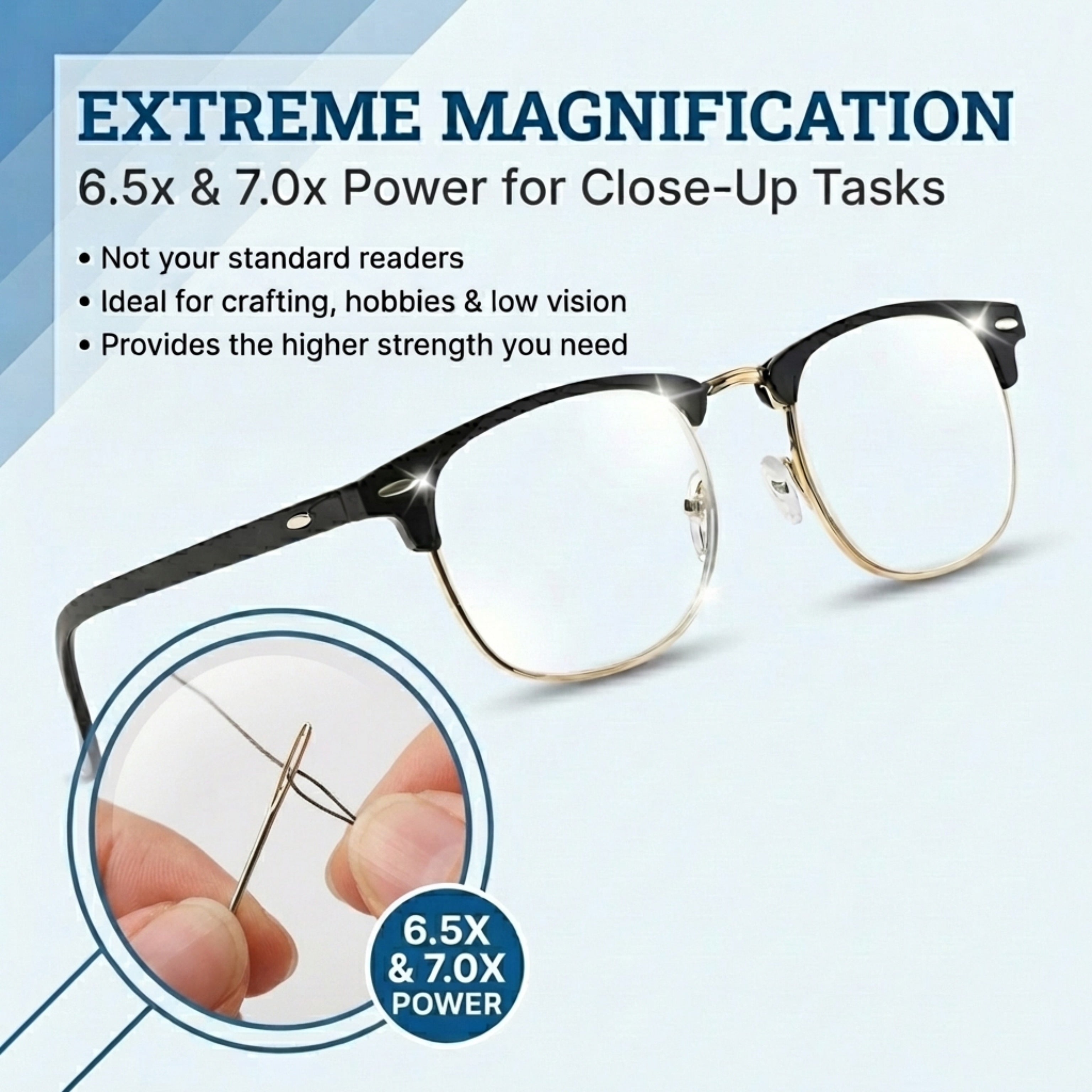 Sellecks High Power Reading Glasses – Retro Browline Readers for AMD and Glaucoma +6.5 & +7.0
