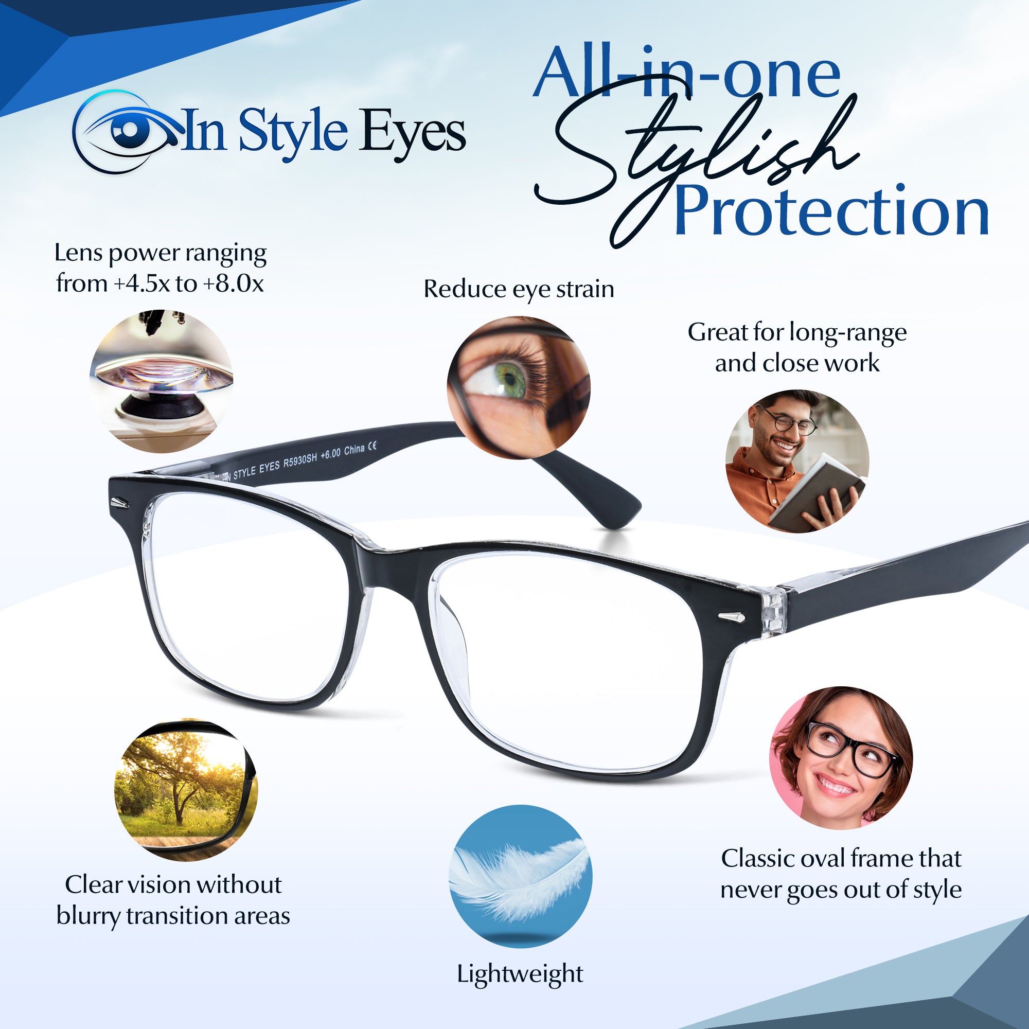 In Style Eyes Powerful High Power Reading Glasses – Rectangular Readers for AMD & Glaucoma Support +4.50 to +8.00