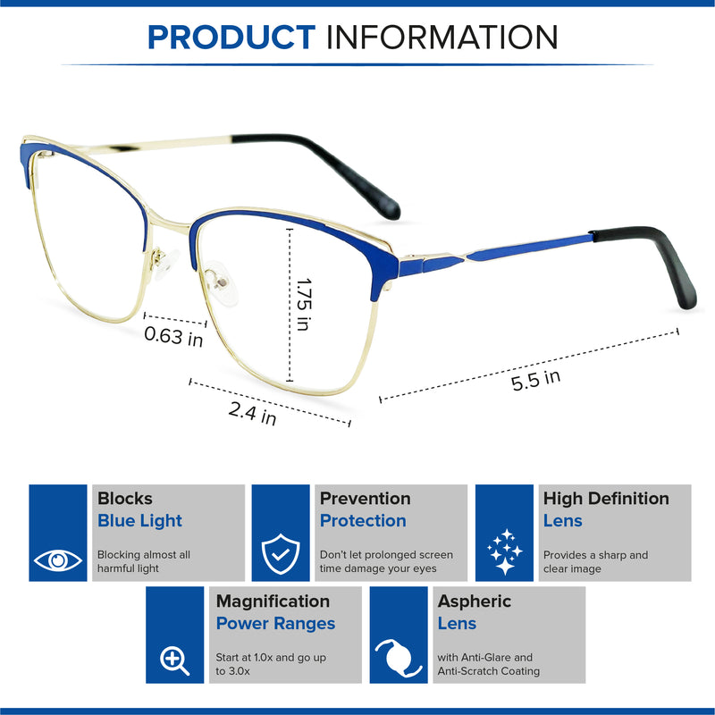 Premium Blue Light Reading Glasses. Gold Frame Cat Eye Glasses
