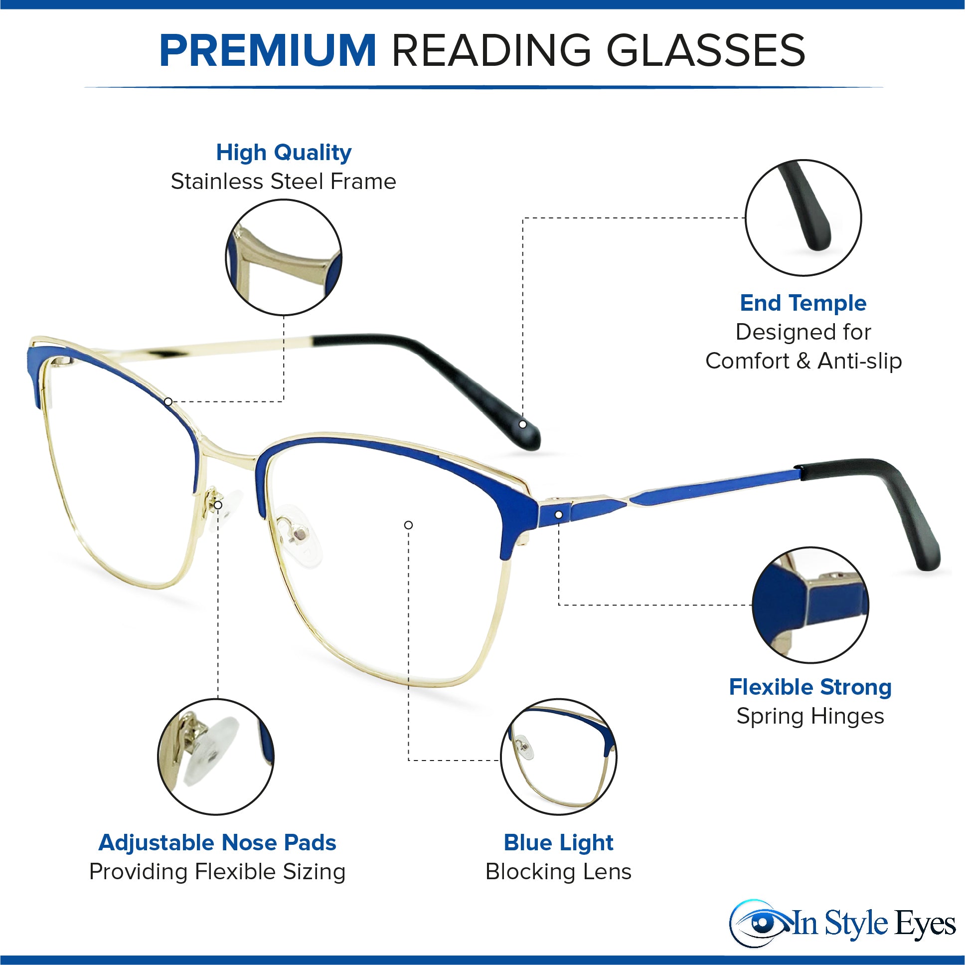 Premium Screen-Comfort Reading Glasses – Retro Cateye Browline – Anti-Glare, Spring Hinges